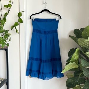 Anthropologie Moulinette Souers vetements 100% silk blue strapless mini dress 6